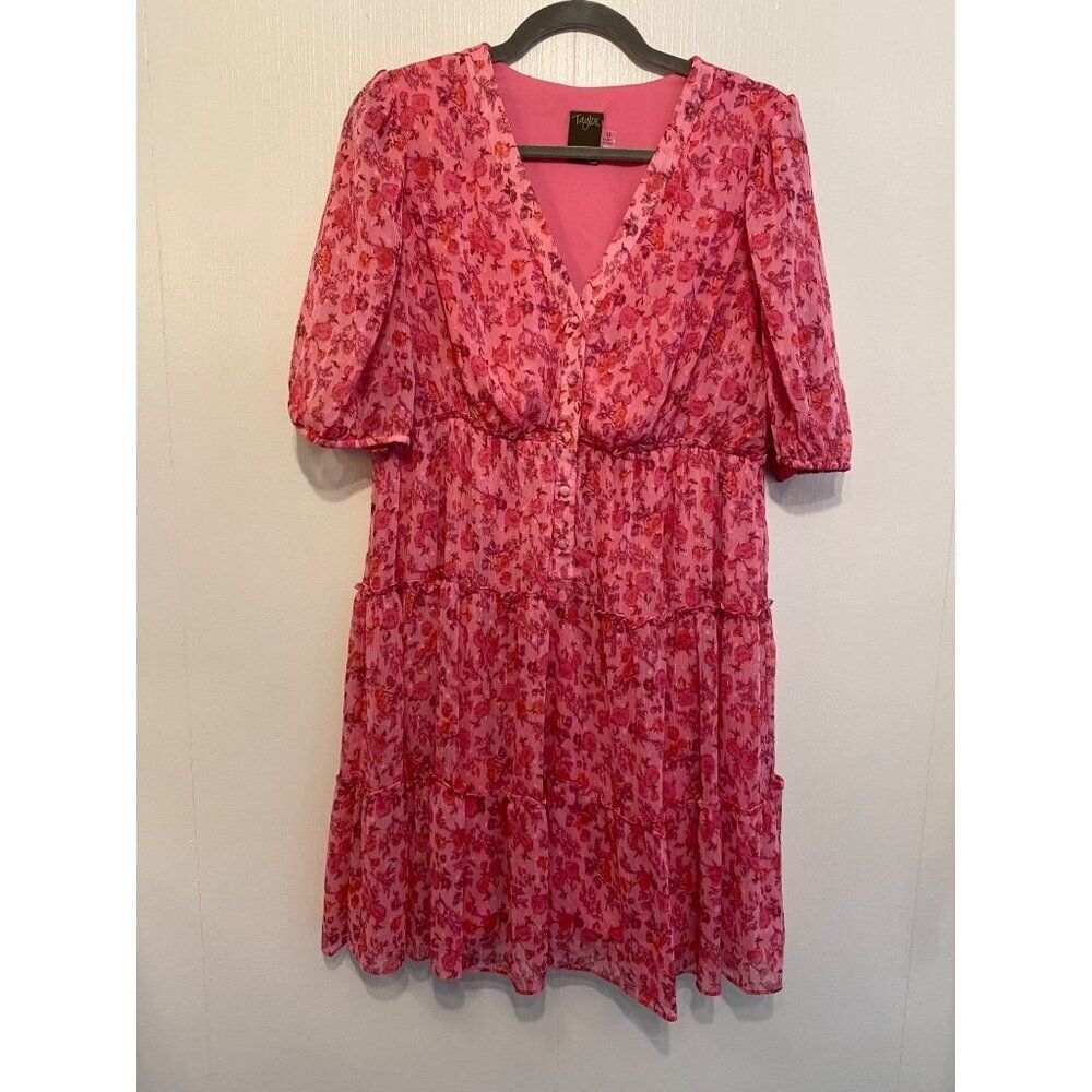 Taylor Pink Floral Print Dress 12 V-Neck Button Front Tiered Midi Lined Artsy